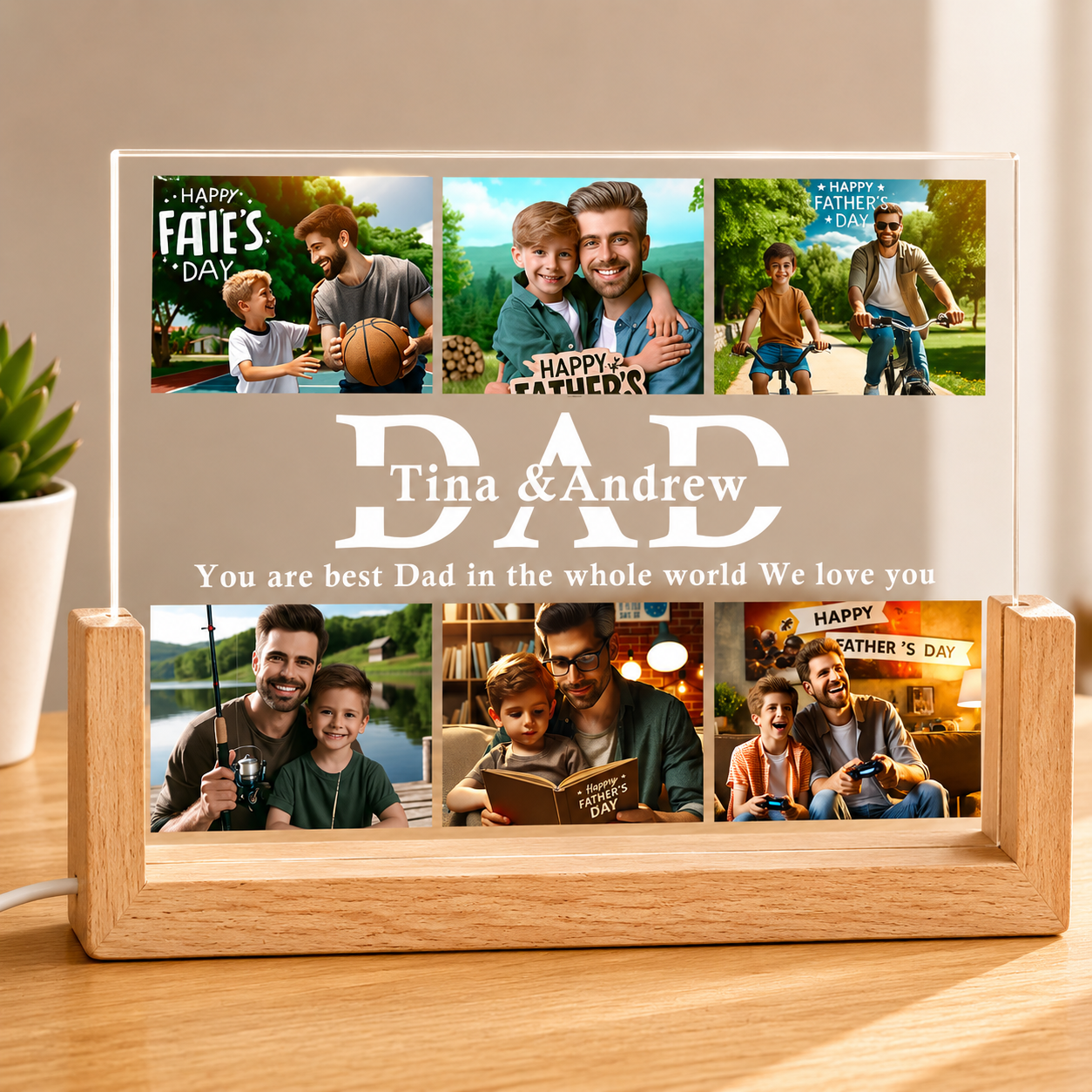 Custom Photo Night Light, Daddy Photo Collage LED Light, Personalized Photo Lamp, Birthday Gift for Dad, Father&