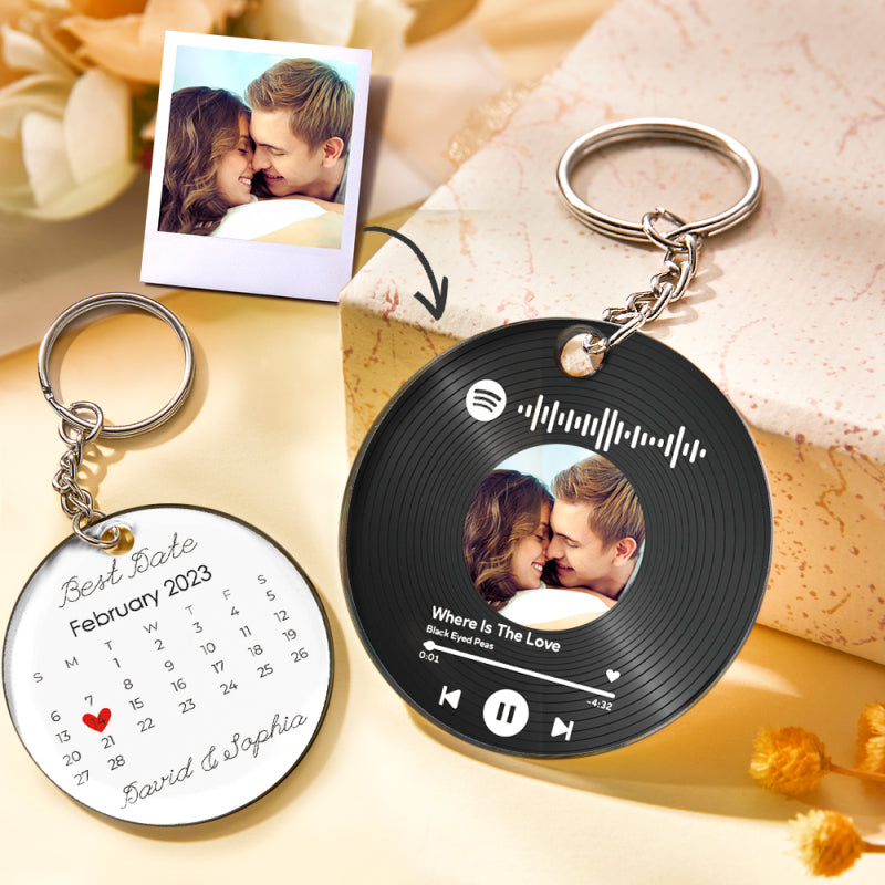 Personalized Photo Calendar Keychain with Spotify Code – Custom Anniversary Gift for Couples