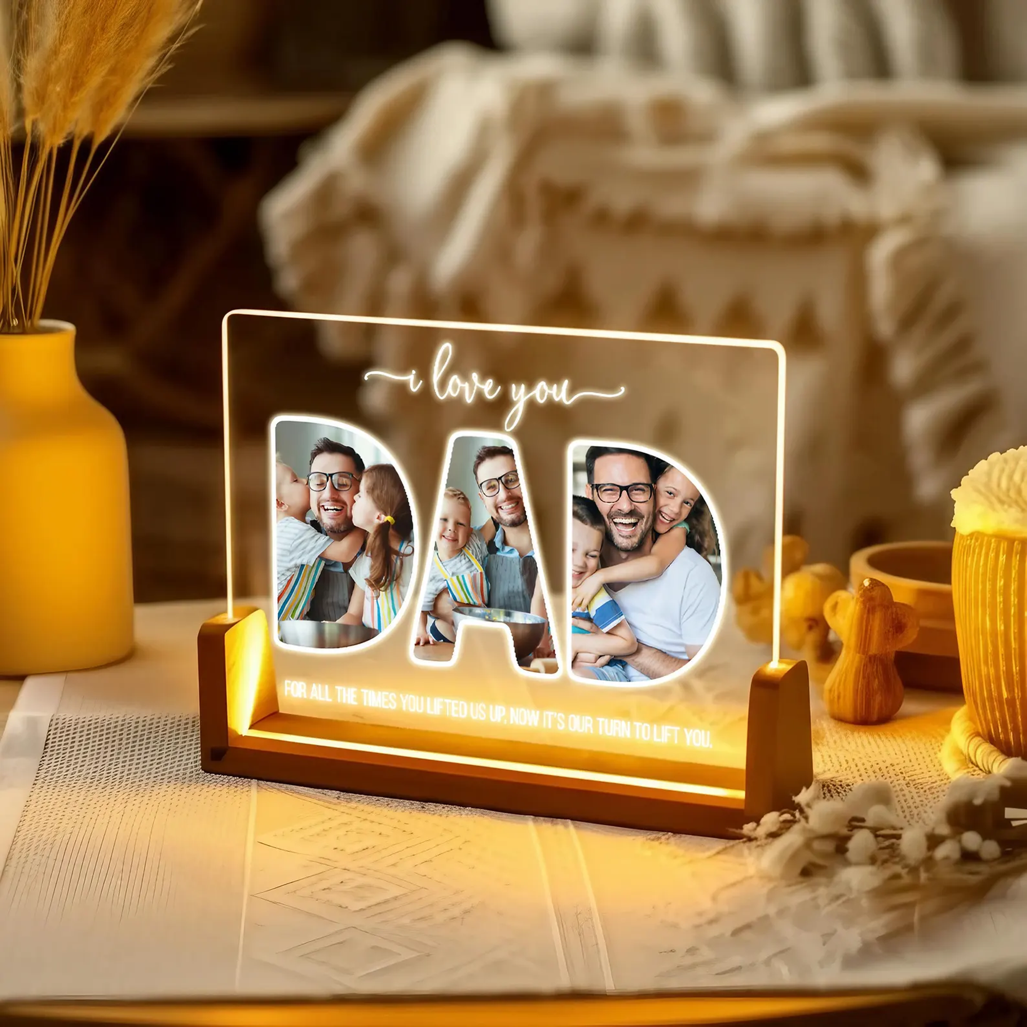 Custom Photo Night Light, Daddy Photo Collage LED Light, Personalized Photo Lamp, Birthday Gift for Dad, Father&