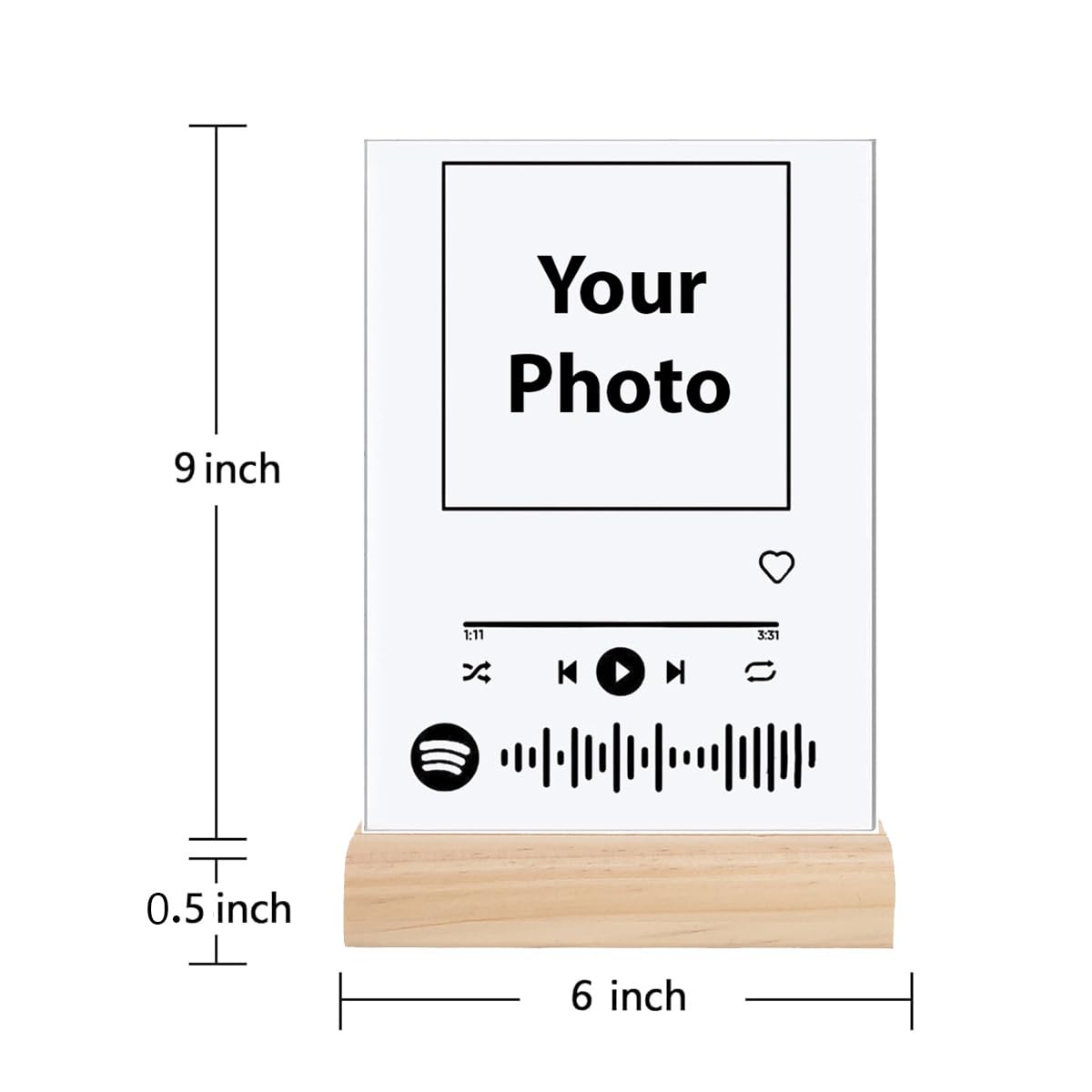 Customized Photo & Spotify Song Acrylic Frame, 6x9 inch, Scannable Code, Rectangular Tabletop Plaque with Wooden Stand,