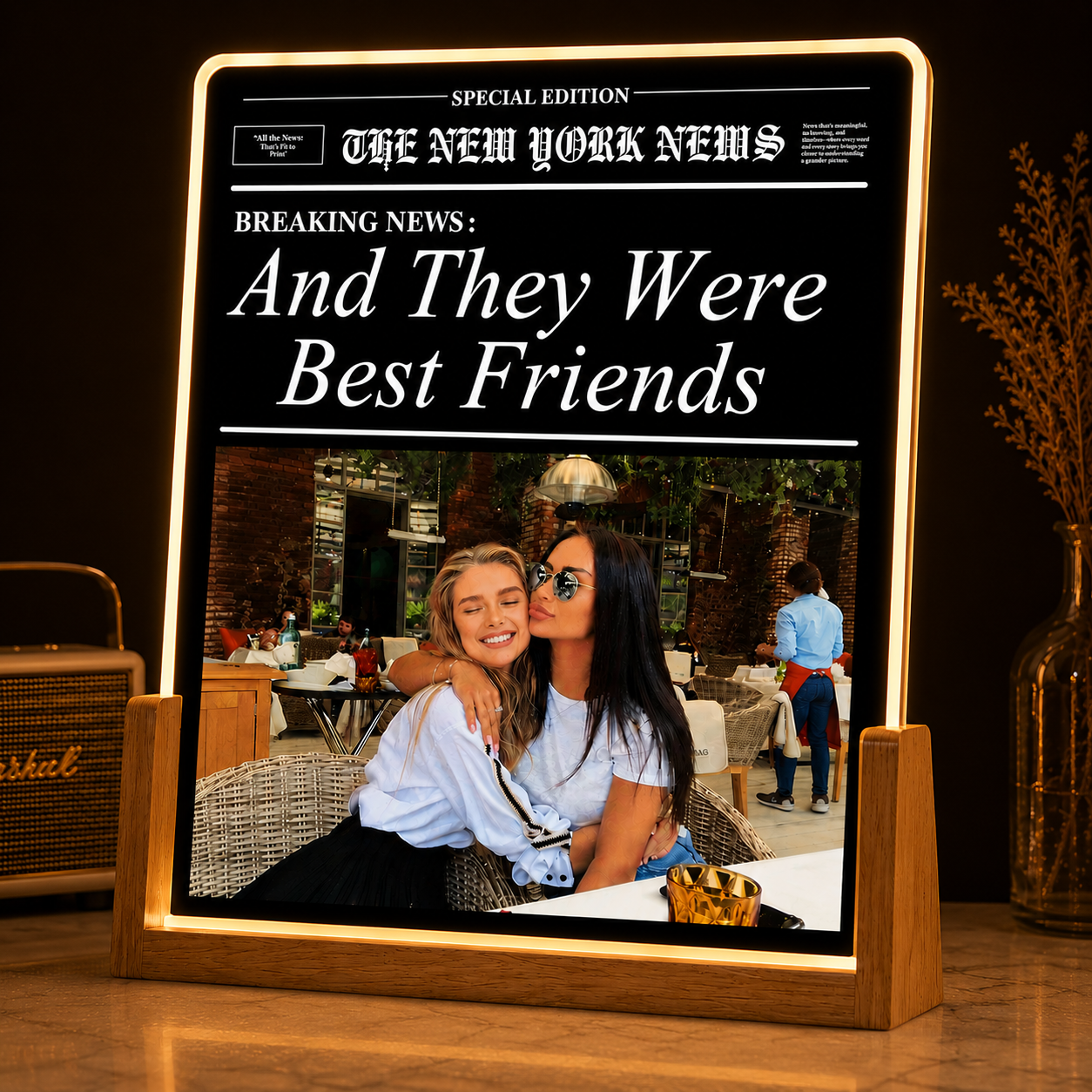 Custom Best Friend Photo LED Lamp, Personalized Newspaper Style Night Light, Unique Friendship Gift for Bestie, Birthday Gift for Women, Acrylic Table Decor