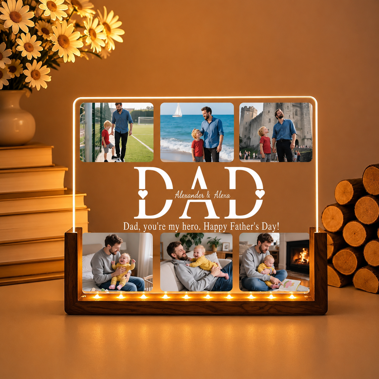 Custom Photo Night Light, Daddy Photo Collage LED Light, Personalized Photo Lamp, Birthday Gift for Dad, Father&