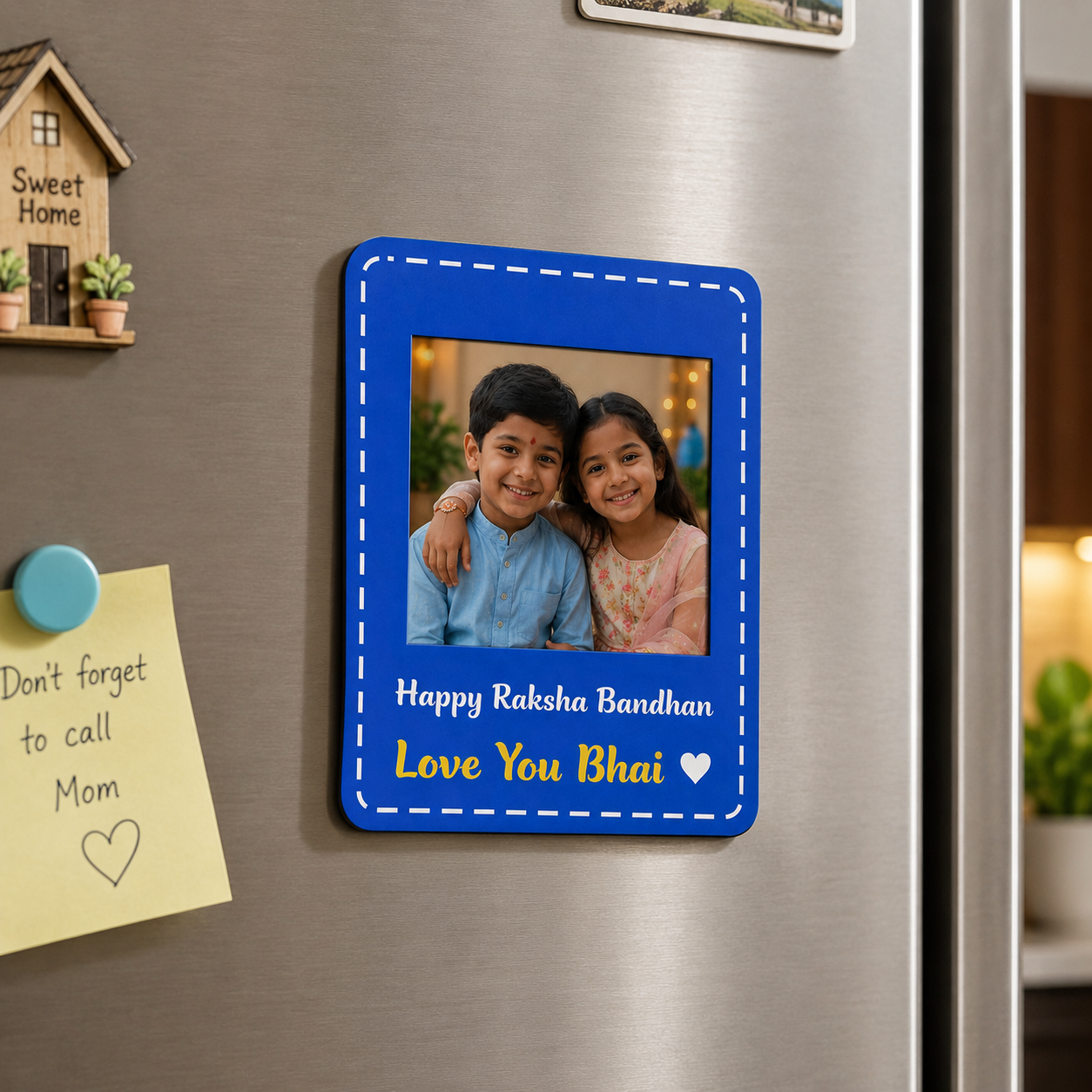 Personalized Raksha Bandhan Fridge Magnet with Free Rakhi | Custom Photo Refrigerator Magnet | Brother Sister Rakhi Gift | Personalized Keepsake