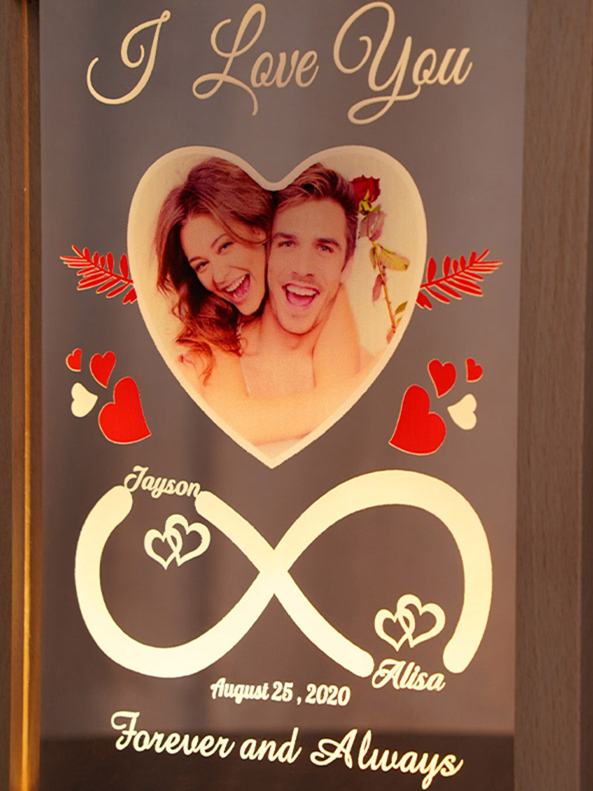 Personalized Heart-Shaped Infinity LED Photo Frame | Custom Couple Glowing Name Frame for Anniversary & Gifting