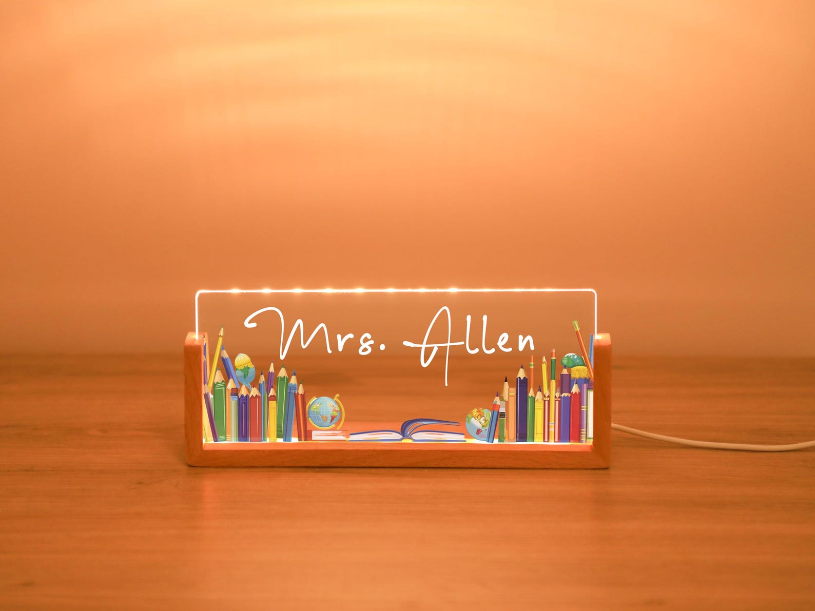 Personalized Teacher LED Desk Name Plate: School Icon Acrylic Sign