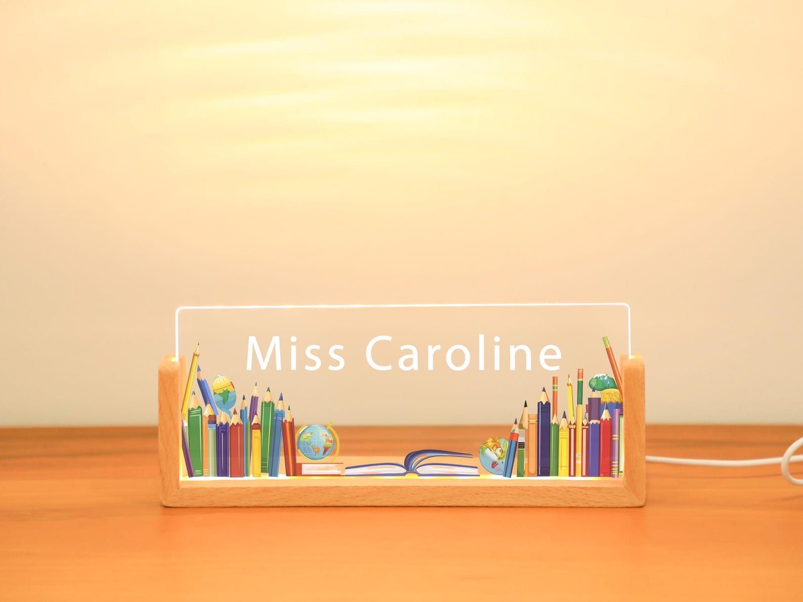 Personalized Teacher LED Desk Name Plate: School Icon Acrylic Sign