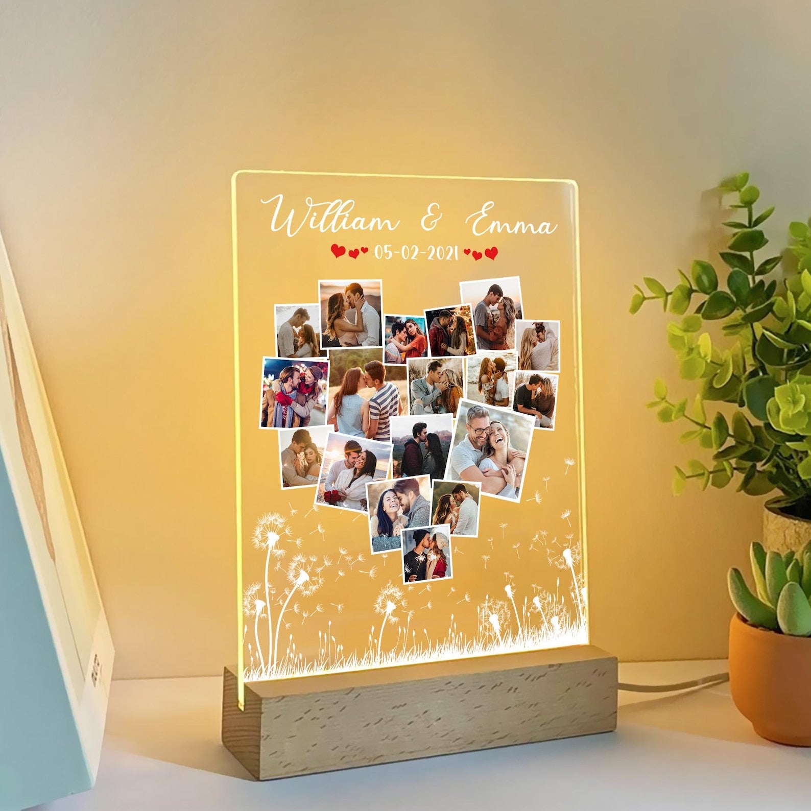 Personalized Acrylic Photo Lamp with Names – Custom LED Night Light Gift for Couples