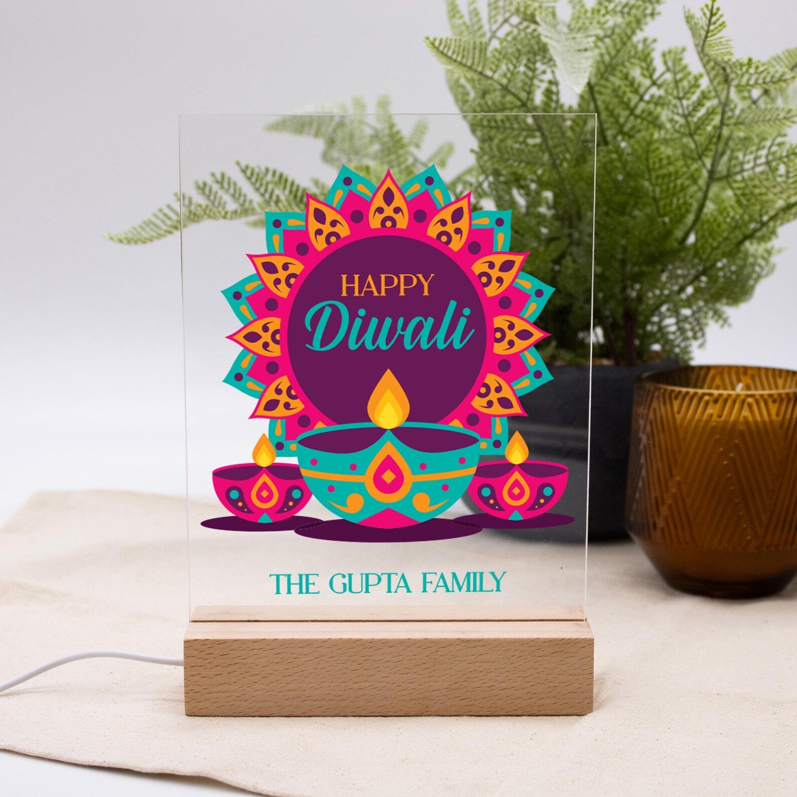 Happy Diwali LED Light | Personalized Diwali Light Up Decor | Custom Diwali Light with Family Name | Festival of Lights Diwali Home Gift