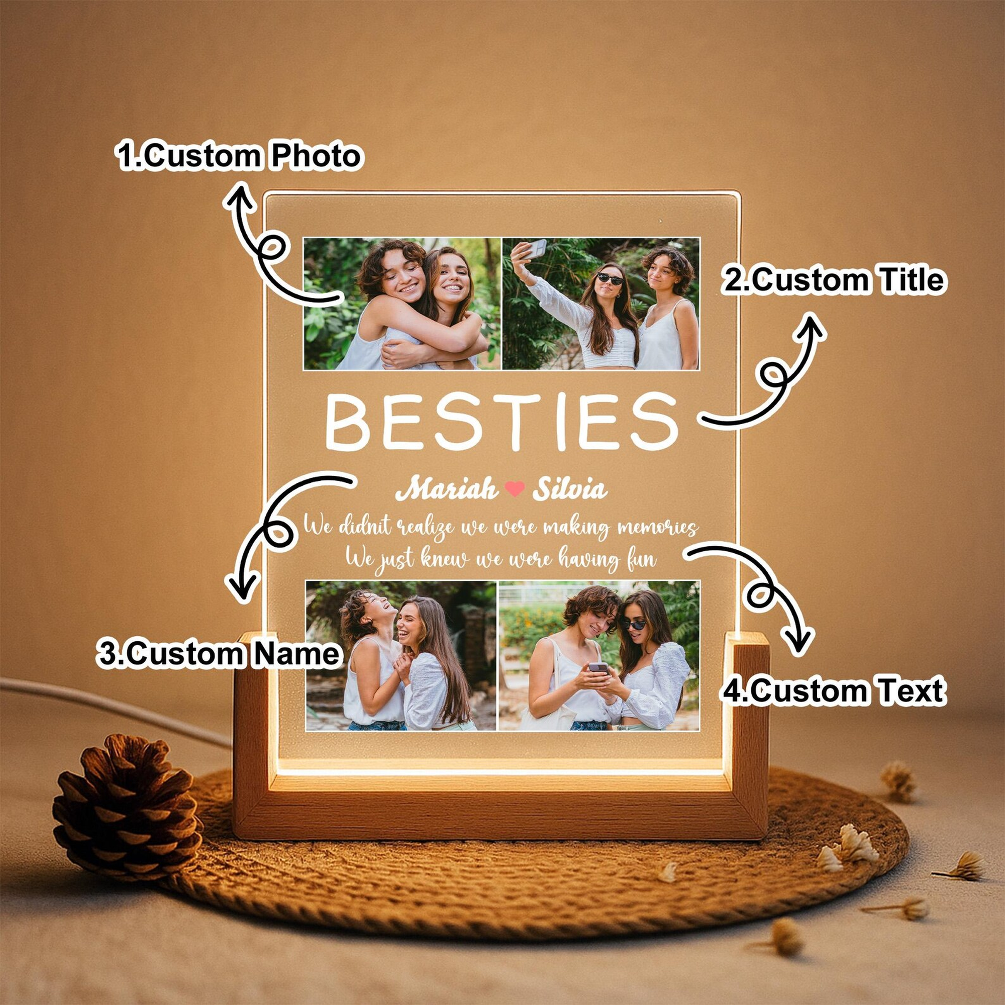 Custom Friendship Day Photo Lamp with Adapter Base | Personalized Acrylic LED Lamp for Best Friend | Customized Memory Night Light Gift