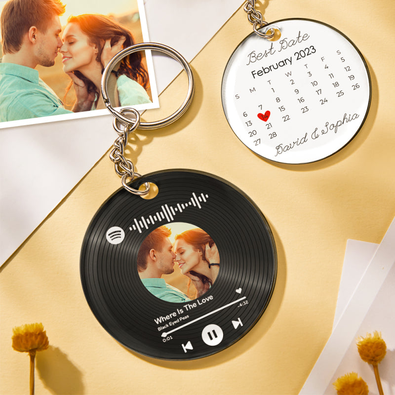 Personalized Photo Calendar Keychain with Spotify Code – Custom Anniversary Gift for Couples