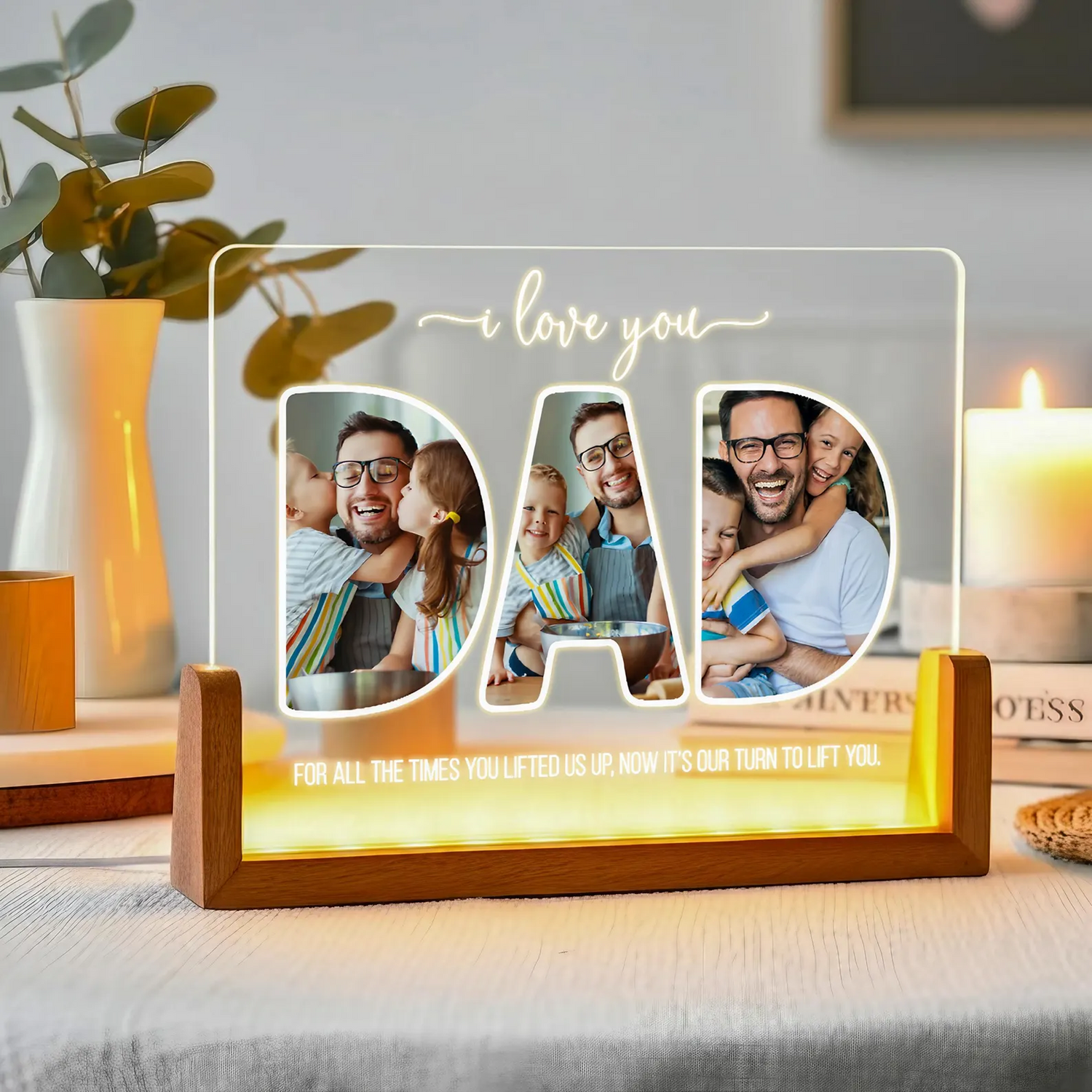 Custom Photo Night Light, Daddy Photo Collage LED Light, Personalized Photo Lamp, Birthday Gift for Dad, Father&