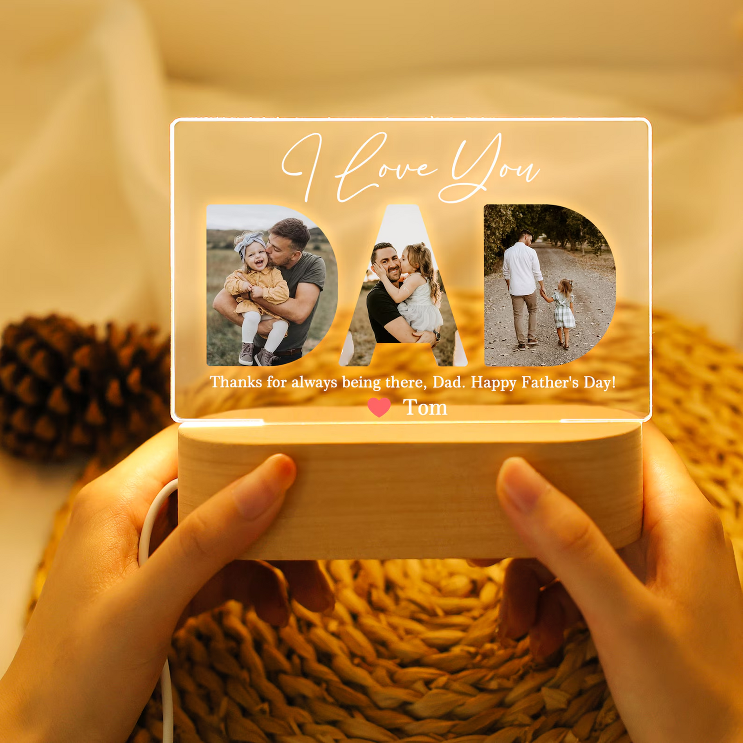 Custom Photo Night Light, Daddy Photo Collage LED Light, Personalized Photo Lamp, Birthday Gift for Dad, Father&