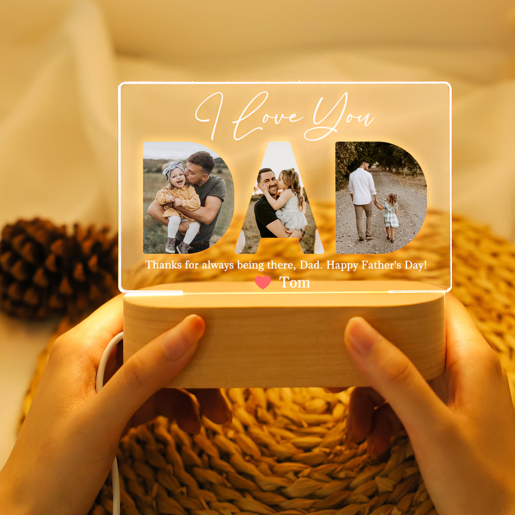 Custom Photo Night Light, Daddy Photo Collage LED Light, Personalized Photo Lamp, Birthday Gift for Dad, Father&
