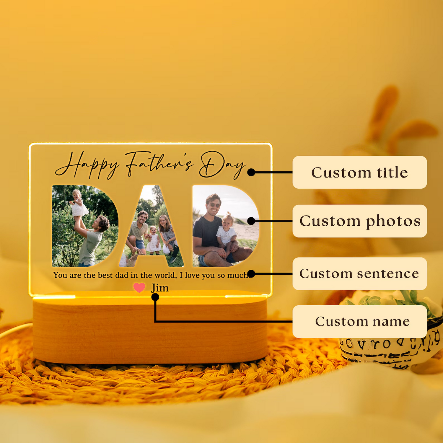 Custom Photo Night Light, Daddy Photo Collage LED Light, Personalized Photo Lamp, Birthday Gift for Dad, Father&