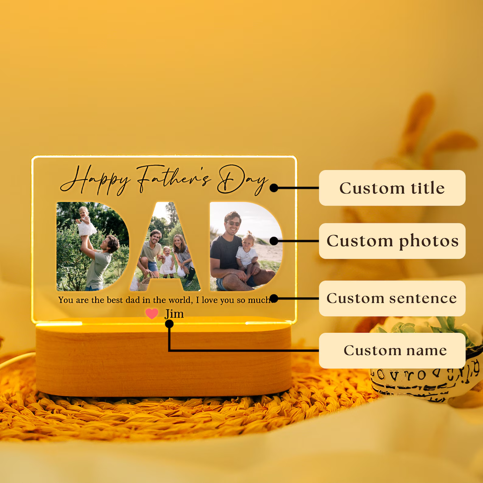 Custom Photo Night Light, Daddy Photo Collage LED Light, Personalized Photo Lamp, Birthday Gift for Dad, Father&