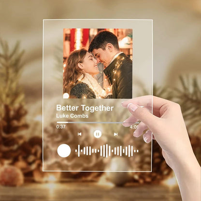 Customized Photo &amp; Spotify Song Acrylic Frame, 6x9 inch, Scannable Code, Rectangular Tabletop Plaque with Wooden Stand,