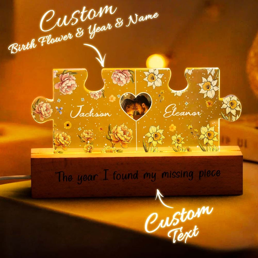 Personalized Couple Puzzle LED Night Light with Birth Flower Photo Night Light Gifts for Her