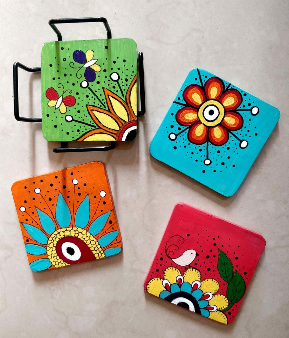Modern Art MDF Square Coaster – UV Printed Designer Tableware( set of 4)