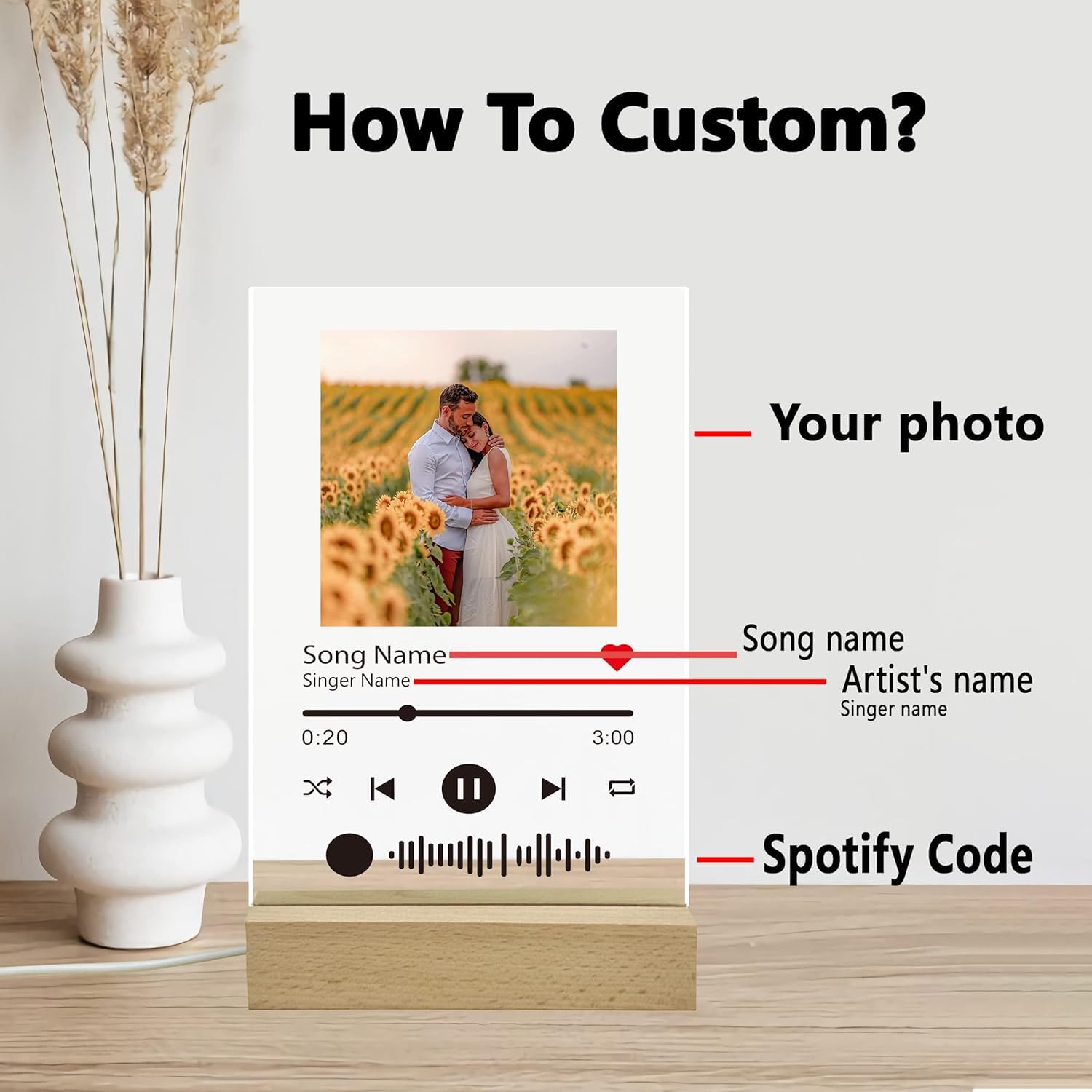 Customized Photo &amp; Spotify Song Acrylic Frame, 6x9 inch, Scannable Code, Rectangular Tabletop Plaque with Wooden Stand,