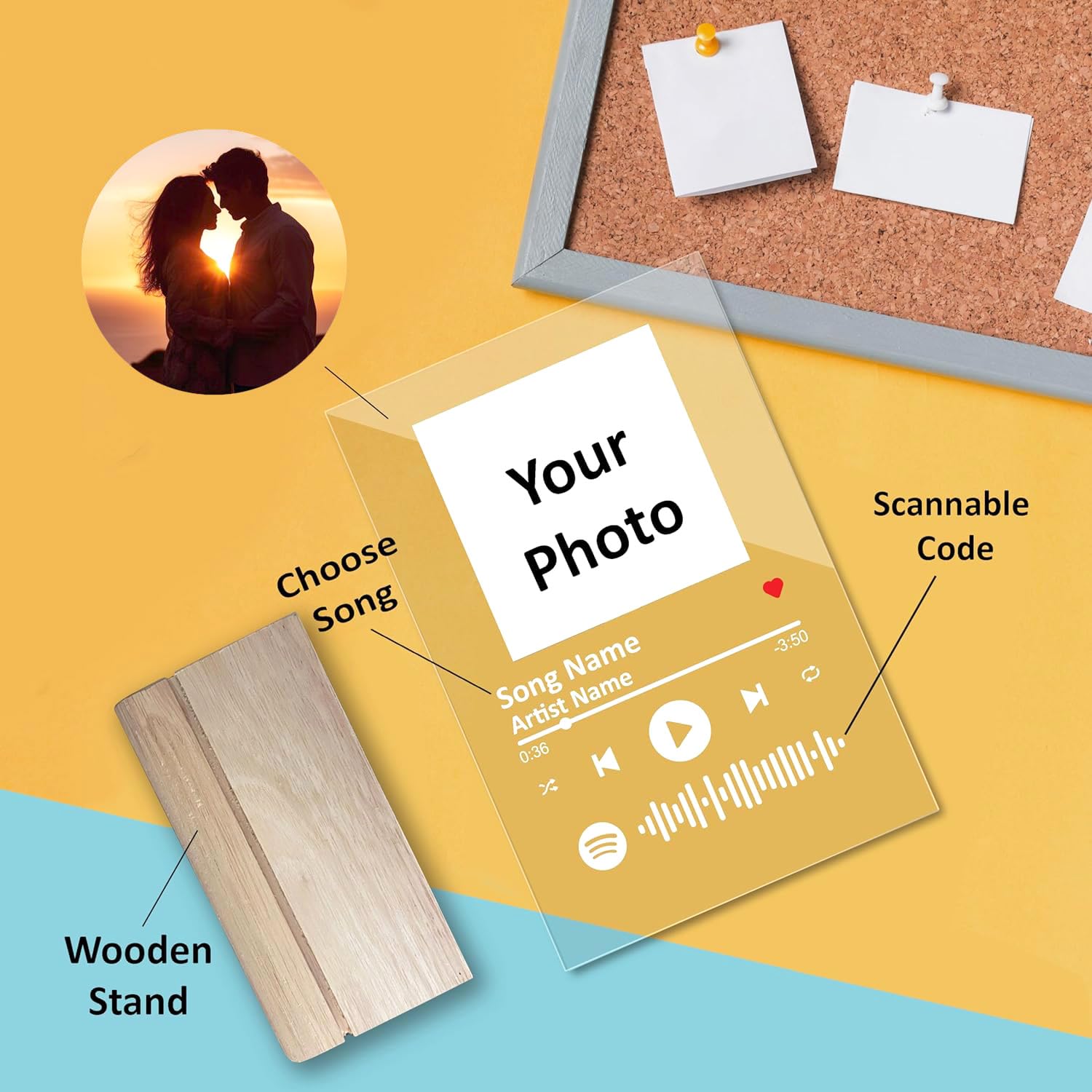 Customized Photo &amp; Spotify Song Acrylic Frame, 6x9 inch, Scannable Code, Rectangular Tabletop Plaque with Wooden Stand,