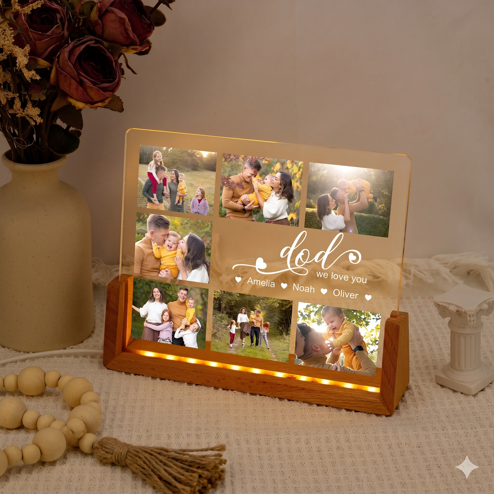 Custom Photo Night Light, Daddy Photo Collage LED Light, Personalized Photo Lamp, Birthday Gift for Dad, Father&