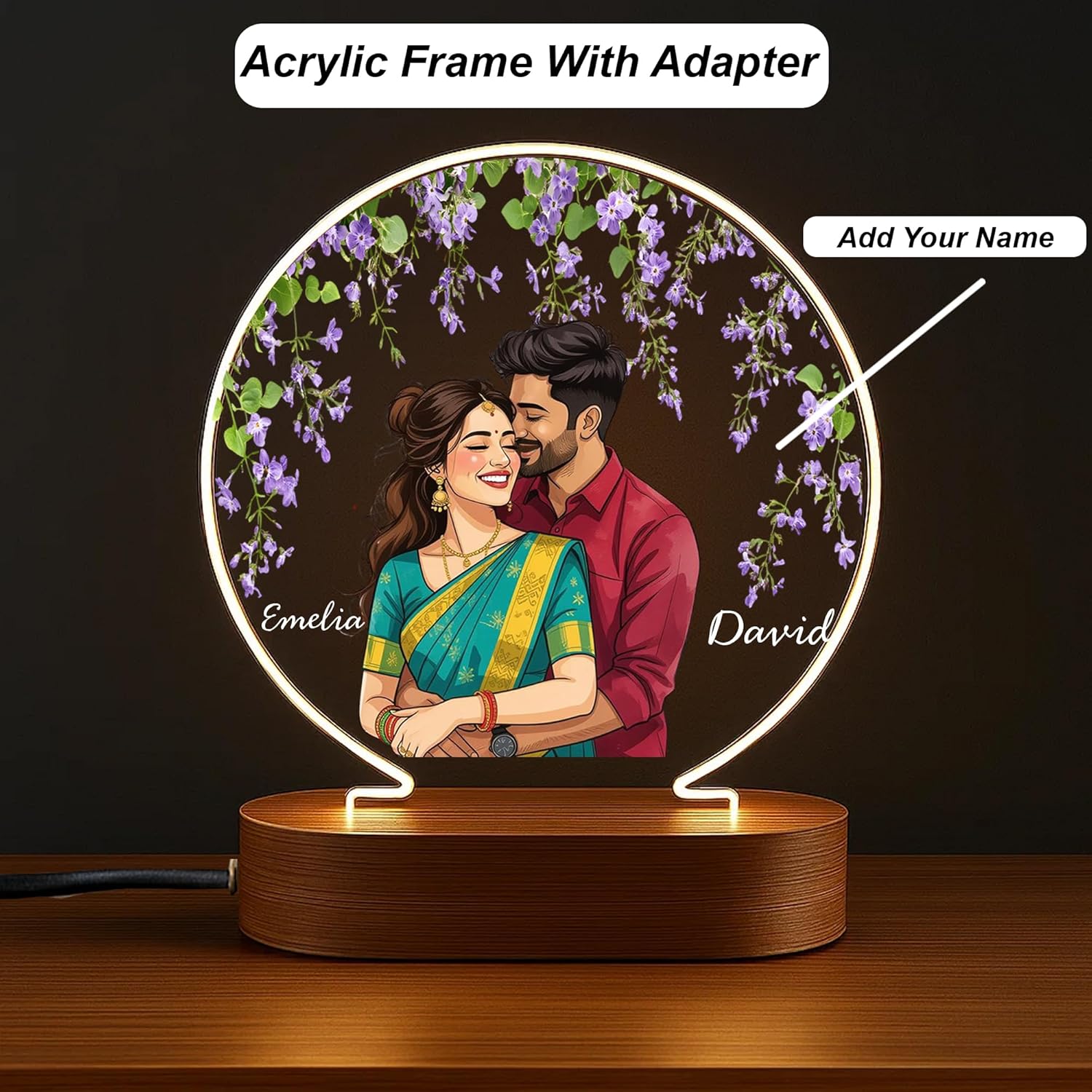 Customized Couple Acrylic Frame with Wooden Base | Personalized Photo Gift with Adapter