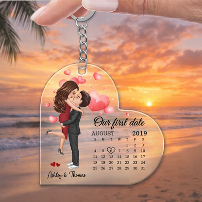 Personalized Heart Photo Calendar Keychain – Custom Couple Date Acrylic Gift