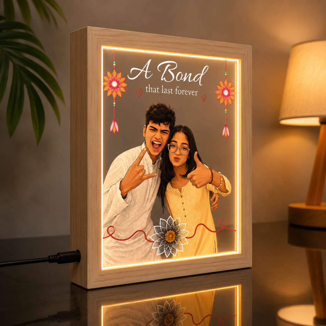 Custom Photo Raksha Bandhan LED Lamp for Brother &amp; Sister | Personalized Acrylic Night Light with Free Rakhi