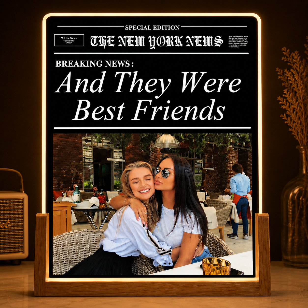 Custom Best Friend Photo LED Lamp, Personalized Newspaper Style Night Light, Unique Friendship Gift for Bestie, Birthday Gift for Women, Acrylic Table Decor