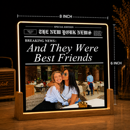Custom Best Friend Photo LED Lamp, Personalized Newspaper Style Night Light, Unique Friendship Gift for Bestie, Birthday Gift for Women, Acrylic Table Decor