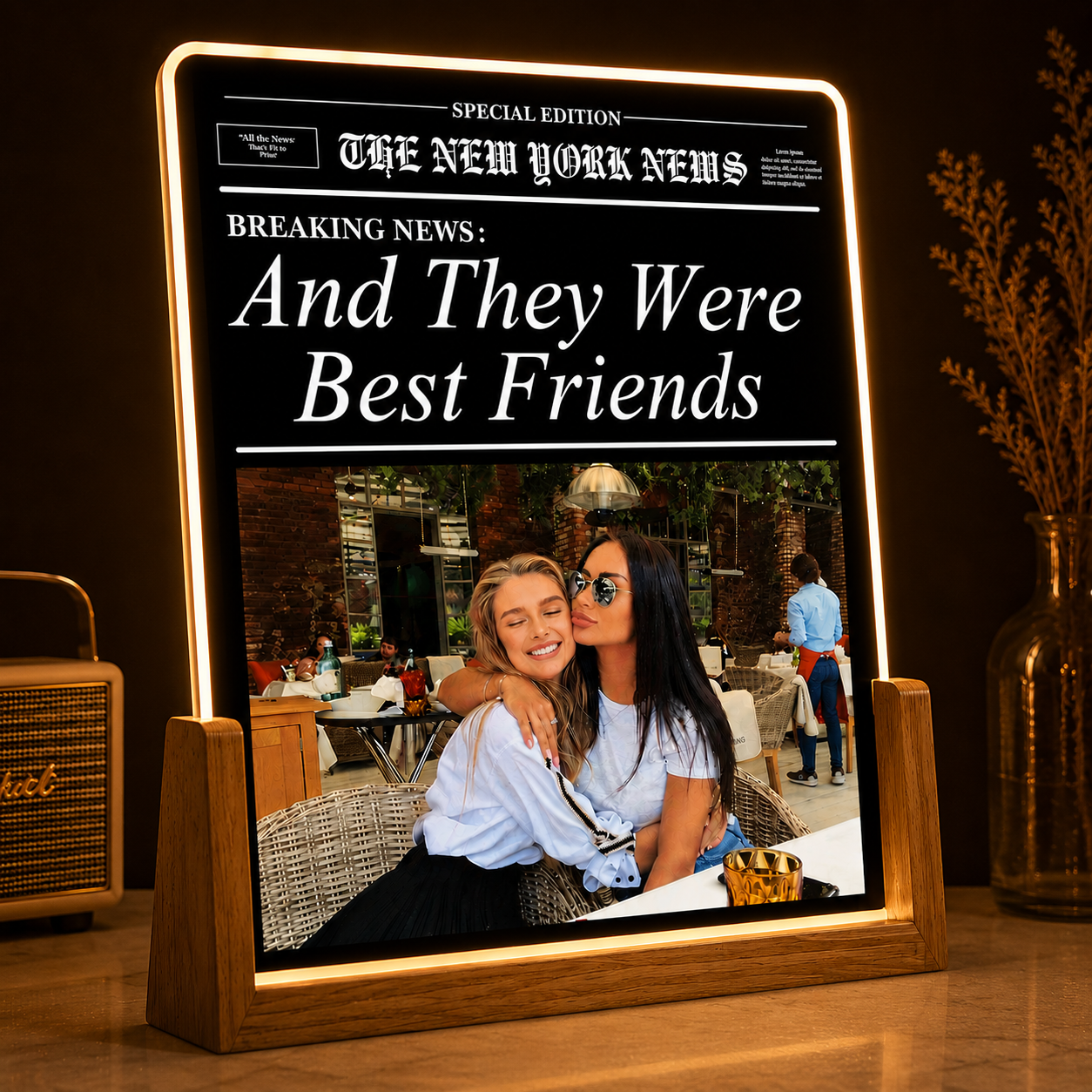 Custom Best Friend Photo LED Lamp, Personalized Newspaper Style Night Light, Unique Friendship Gift for Bestie, Birthday Gift for Women, Acrylic Table Decor