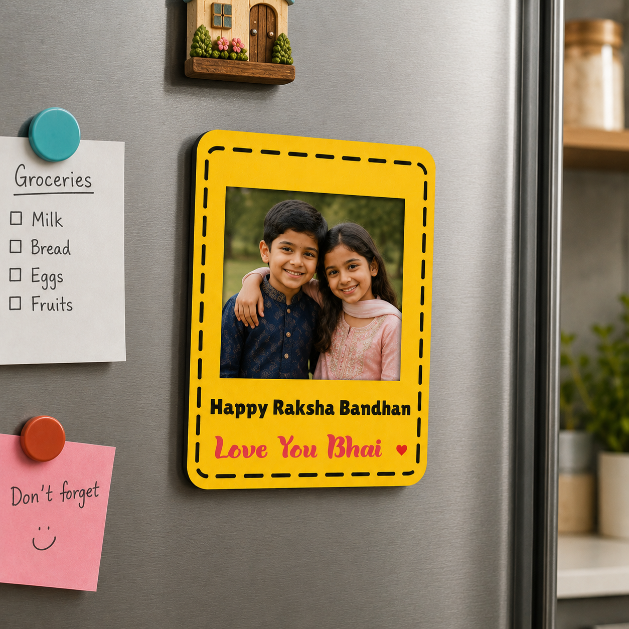 Personalized Raksha Bandhan Fridge Magnet with Free Rakhi | Custom Photo Refrigerator Magnet | Brother Sister Rakhi Gift | Personalized Keepsake
