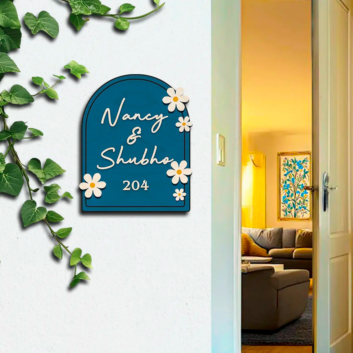 Modern Round Wooden Nameplate with 3D Acrylic Letters | Custom Made Wooden Nameplate with Daisy Charm | Personalized | 11X14 Inch(Copy)