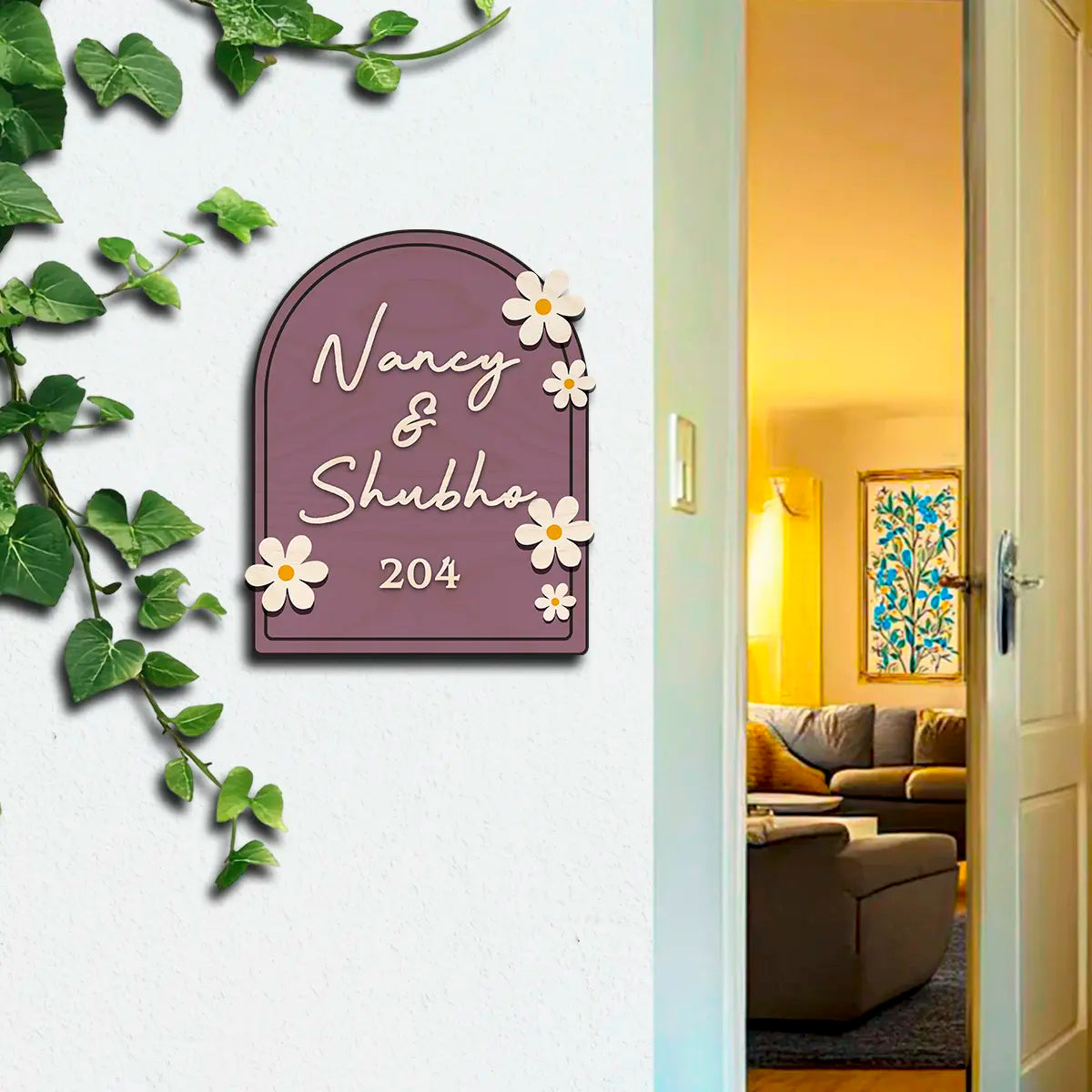 Modern Round Wooden Nameplate with 3D Acrylic Letters | Custom Made Wooden Nameplate with Daisy Charm | Personalized | 11X14 Inch(Copy)