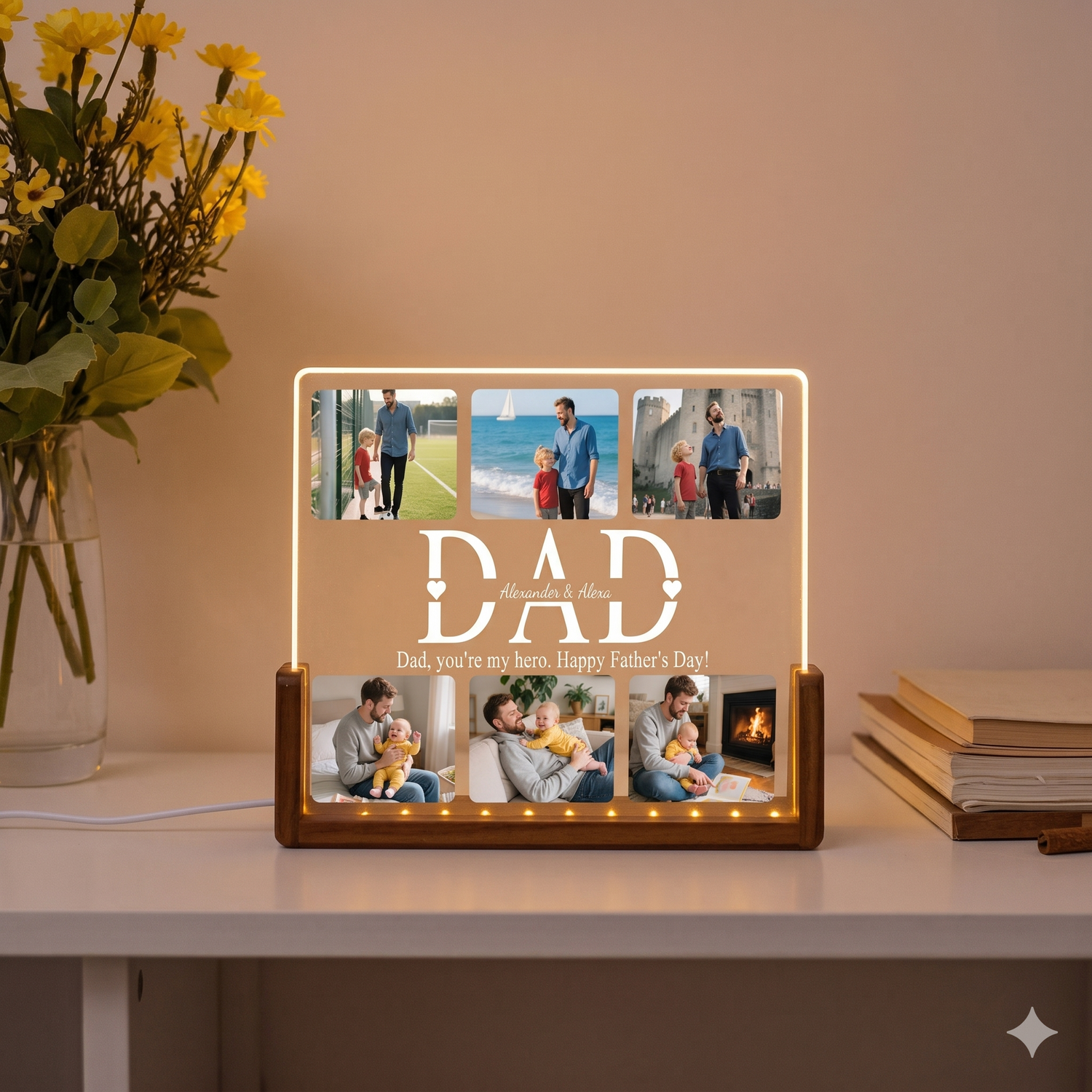 Custom Photo Night Light, Daddy Photo Collage LED Light, Personalized Photo Lamp, Birthday Gift for Dad, Father&