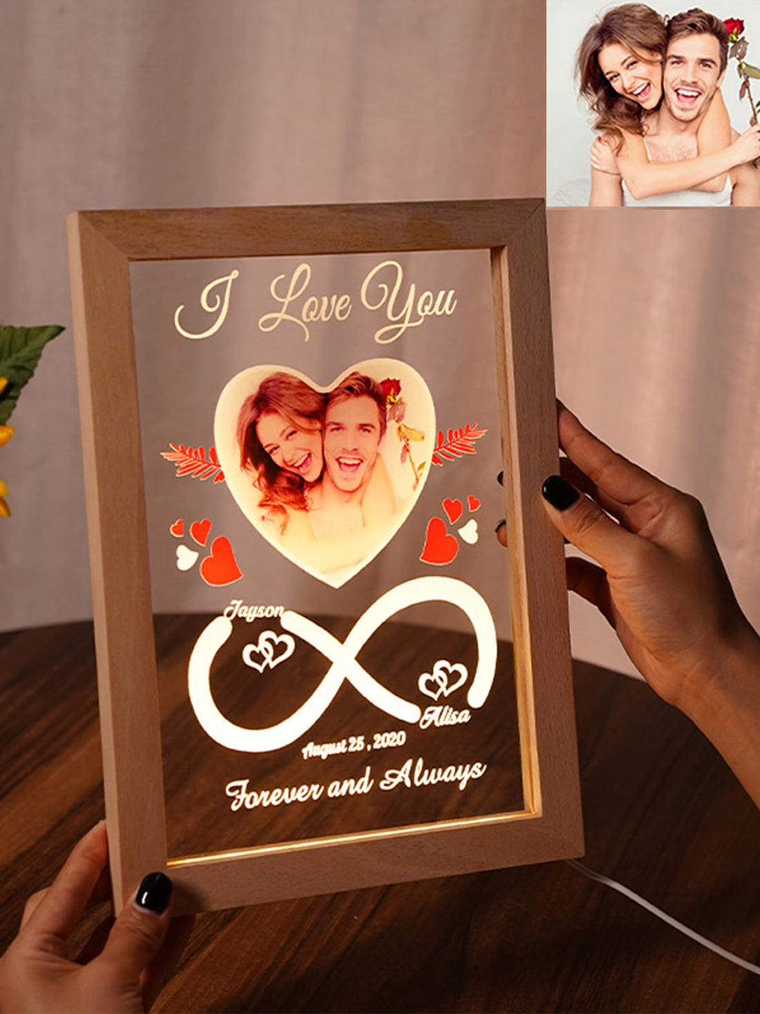 Personalized Heart-Shaped Infinity LED Photo Frame | Custom Couple Glowing Name Frame for Anniversary & Gifting