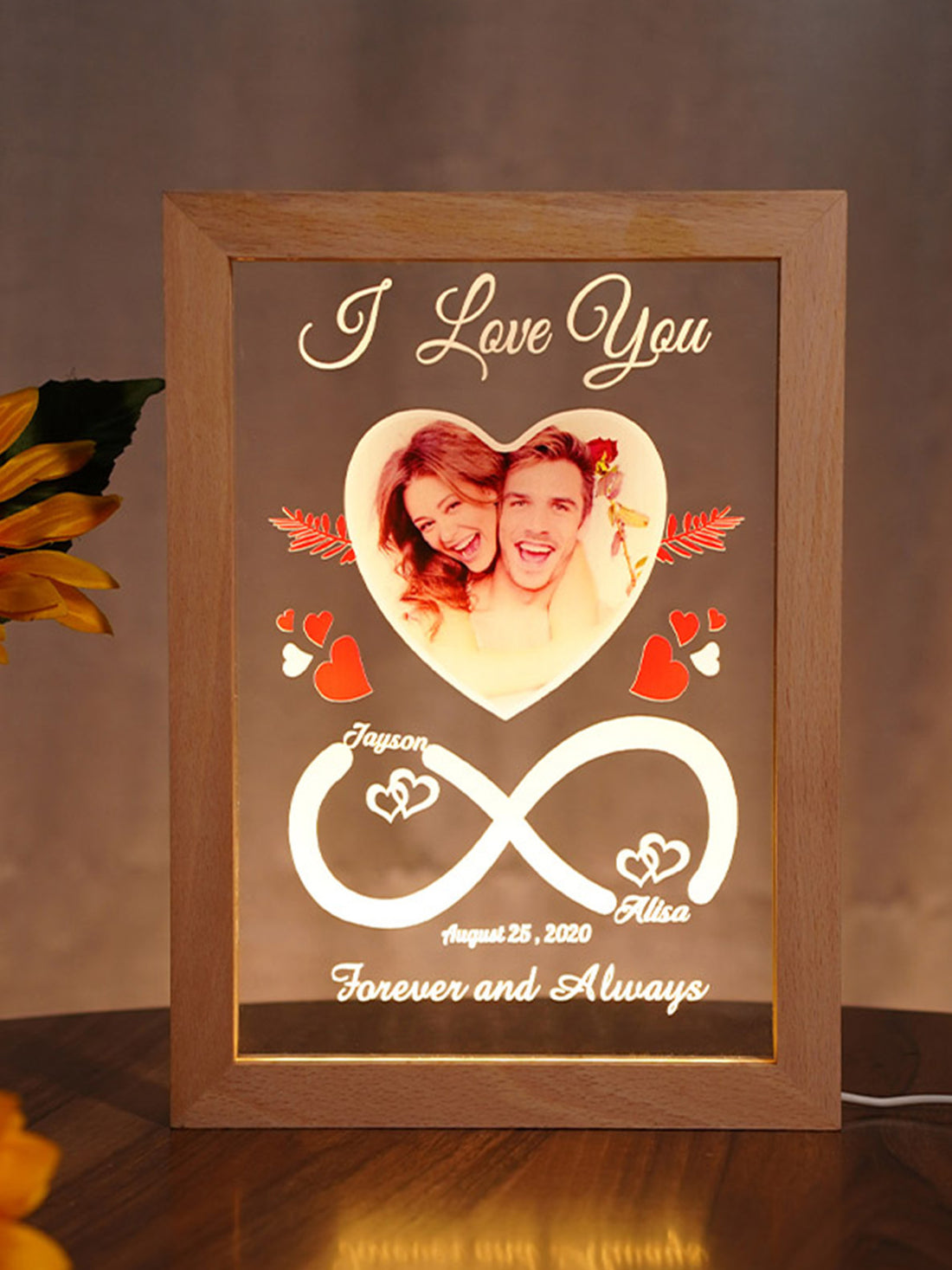 Personalized Heart-Shaped Infinity LED Photo Frame | Custom Couple Glowing Name Frame for Anniversary & Gifting