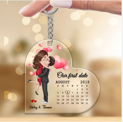 Personalized Heart Photo Calendar Keychain – Custom Couple Date Acrylic Gift