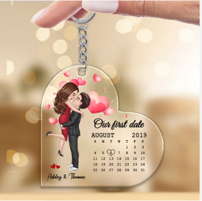 Personalized Heart Photo Calendar Keychain – Custom Couple Date Acrylic Gift