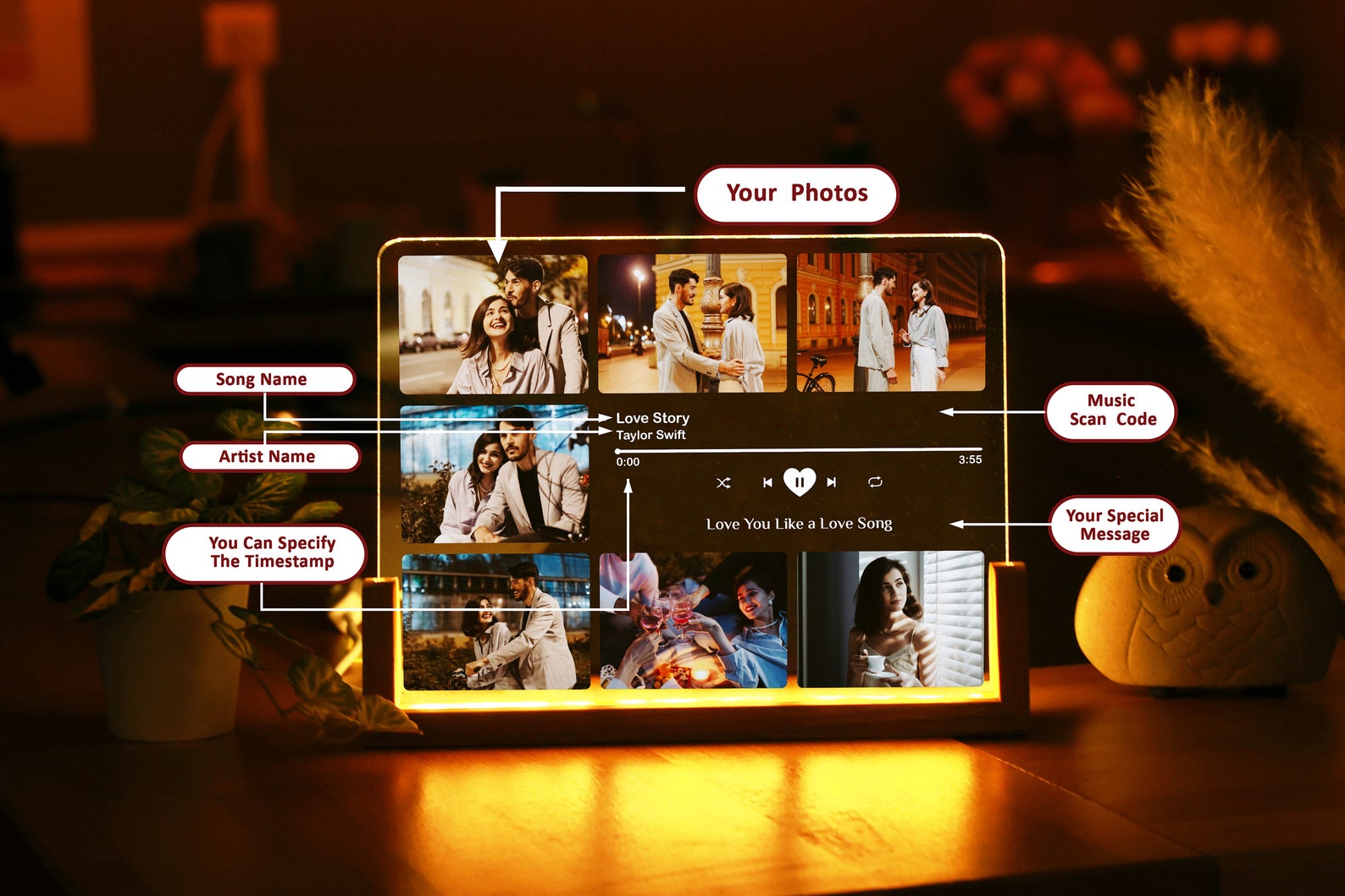 Custom Photo LED Night Lamp with Song – Personalized Music Plaque, Couple Collage Picture Frame Light, Romantic Gift for Girlfriend, Boyfriend, Wife, Husband