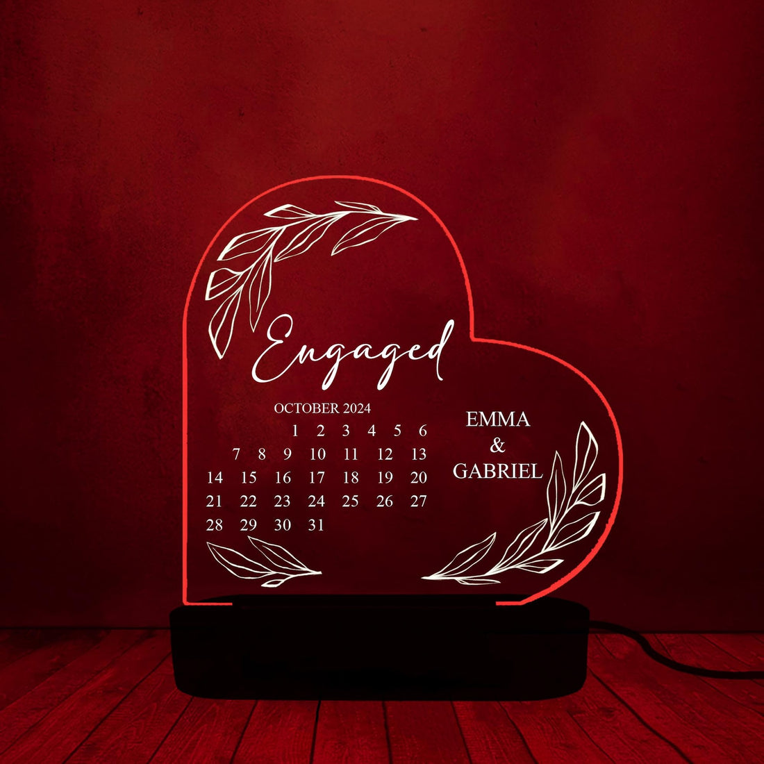 Personalized Engagement Calendar Heart Night Lamp – Custom Acrylic LED Gift for Couple
