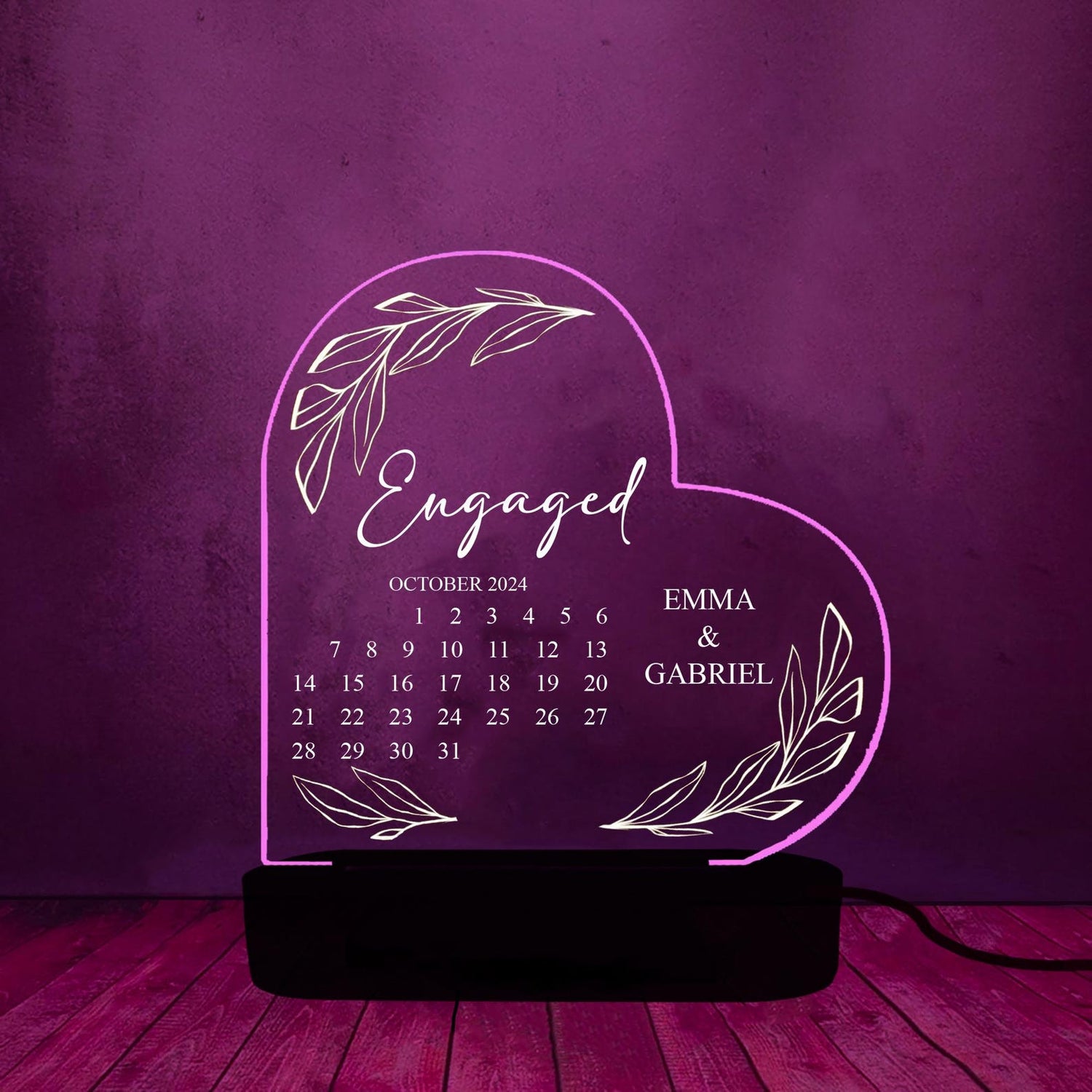 Personalized Engagement Calendar Heart Night Lamp – Custom Acrylic LED Gift for Couple