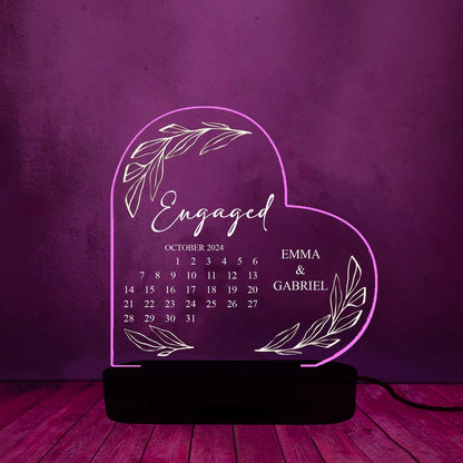 Personalized Engagement Calendar Heart Night Lamp – Custom Acrylic LED Gift for Couple