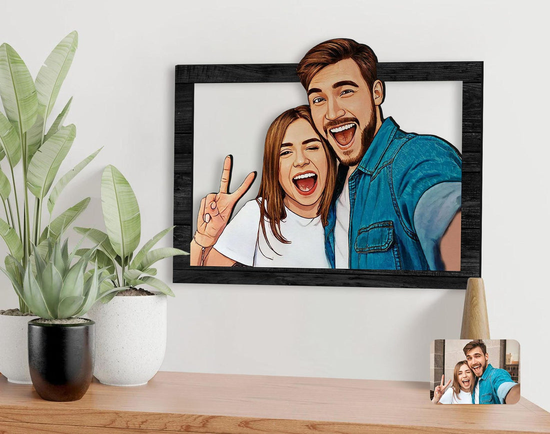 Personalized 3D Wooden Cartoon Couple Portrait | Custom Wall Art for Lovers, Anniversary &amp; Home Decor
