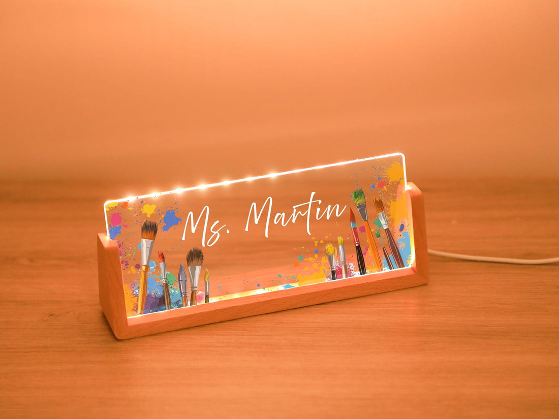 Personalized Teacher LED Desk Name Plate: School Icon Acrylic Sign