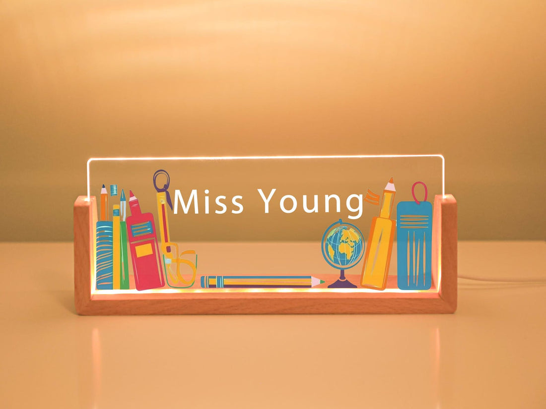 Personalized Teacher LED Desk Name Plate: School Icon Acrylic Sign