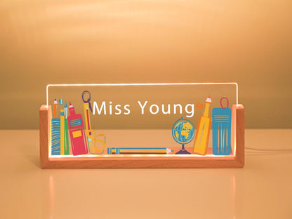 Personalized Teacher LED Desk Name Plate: School Icon Acrylic Sign