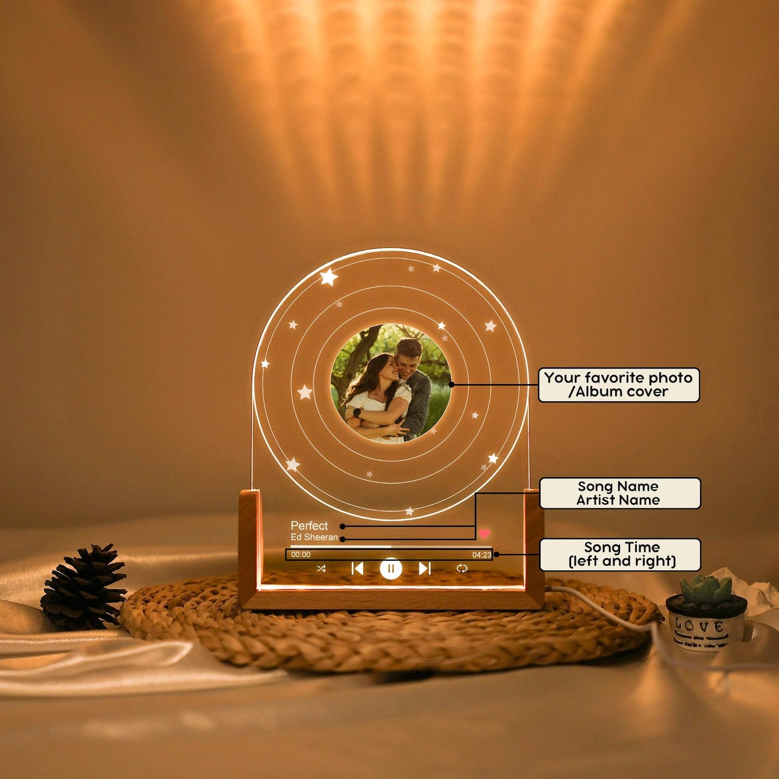 Personalized Vinyl Record with Photo Night Light, Acrylic Song Plaque, Anniversary Gift for Her, Birthday Gift for Her Him, Bedside Lamp