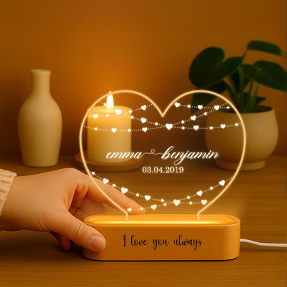 Personalized Heart LED Night Light, Engraved Names &amp; Date, Anniversary Gift