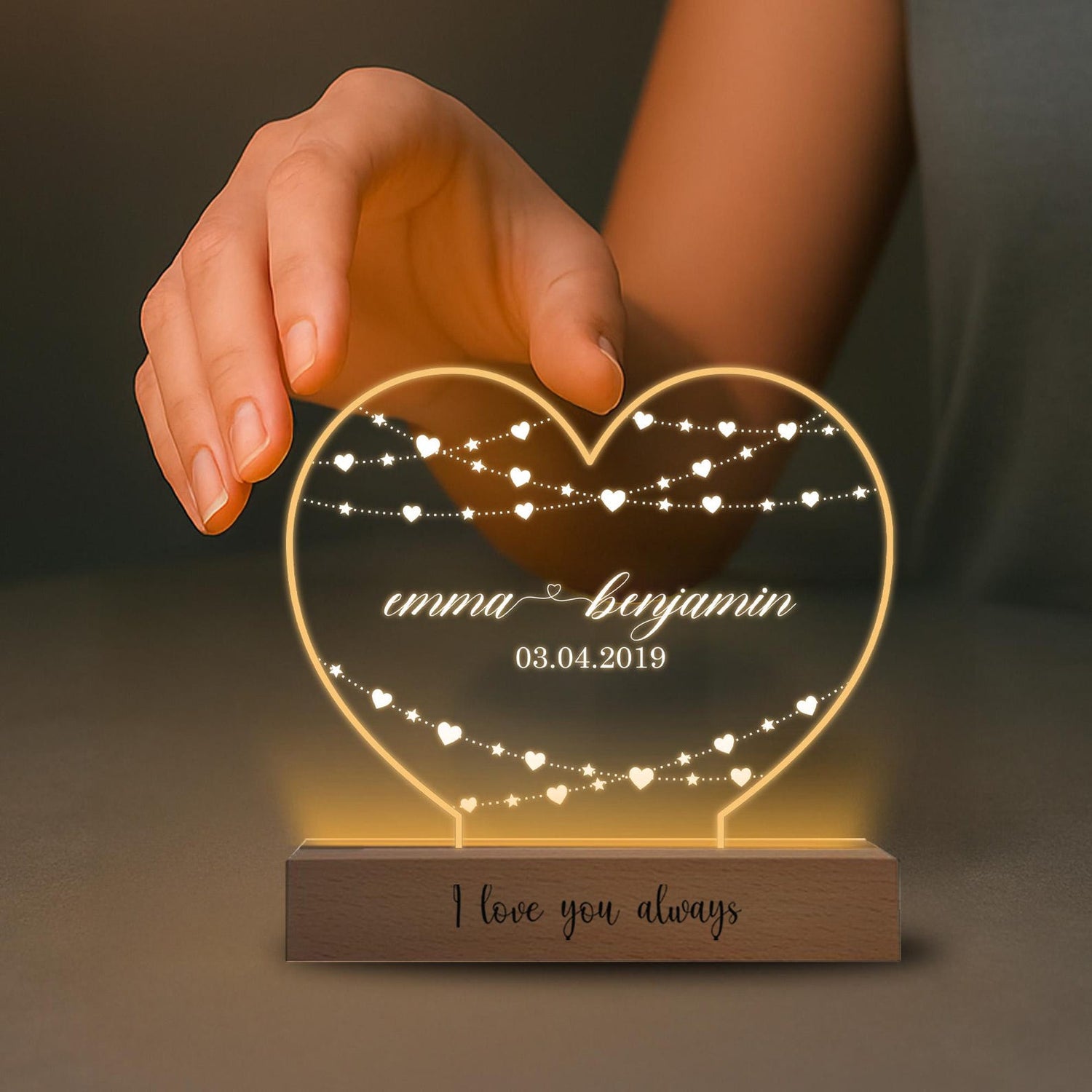 Personalized Heart LED Night Light, Engraved Names &amp; Date, Anniversary Gift